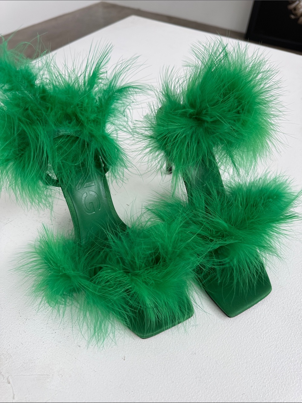 MING Green Feather Pom-Pom Stiletto Heels